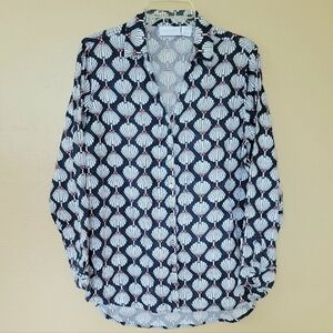 Martha Stewart Navy Blue Shell Printed Linen Button Front Shirt - Size Small